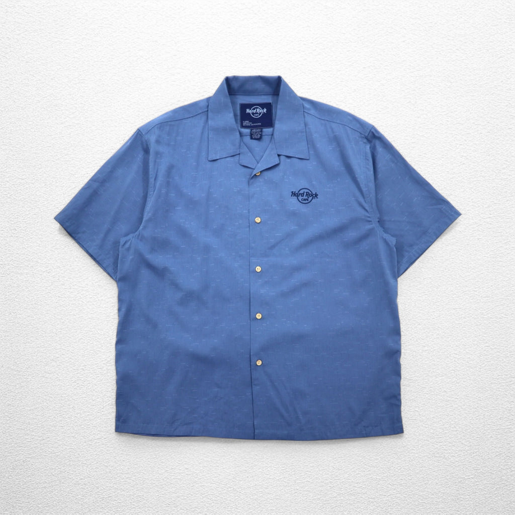 Hard Rock CAFE Short Sleeve Open Collar Shirt Aloha Shirt XL Navy Rayon Embroidery Guitar Motif Sashiko