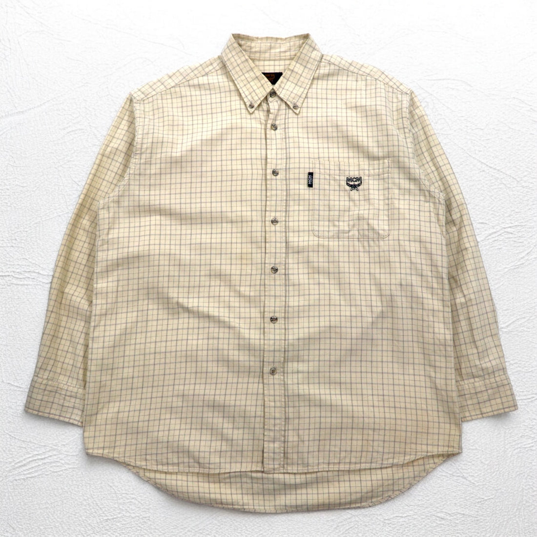 MCM Button-down shirt, XL, beige, check, cotton, chest pocket, one-point logo embroidery
