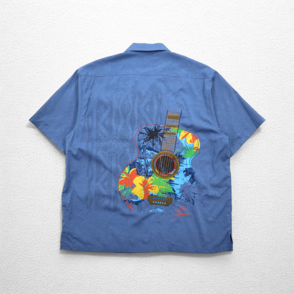 Hard Rock CAFE Short Sleeve Open Collar Shirt Aloha Shirt XL Navy Rayon Embroidery Guitar Motif Sashiko