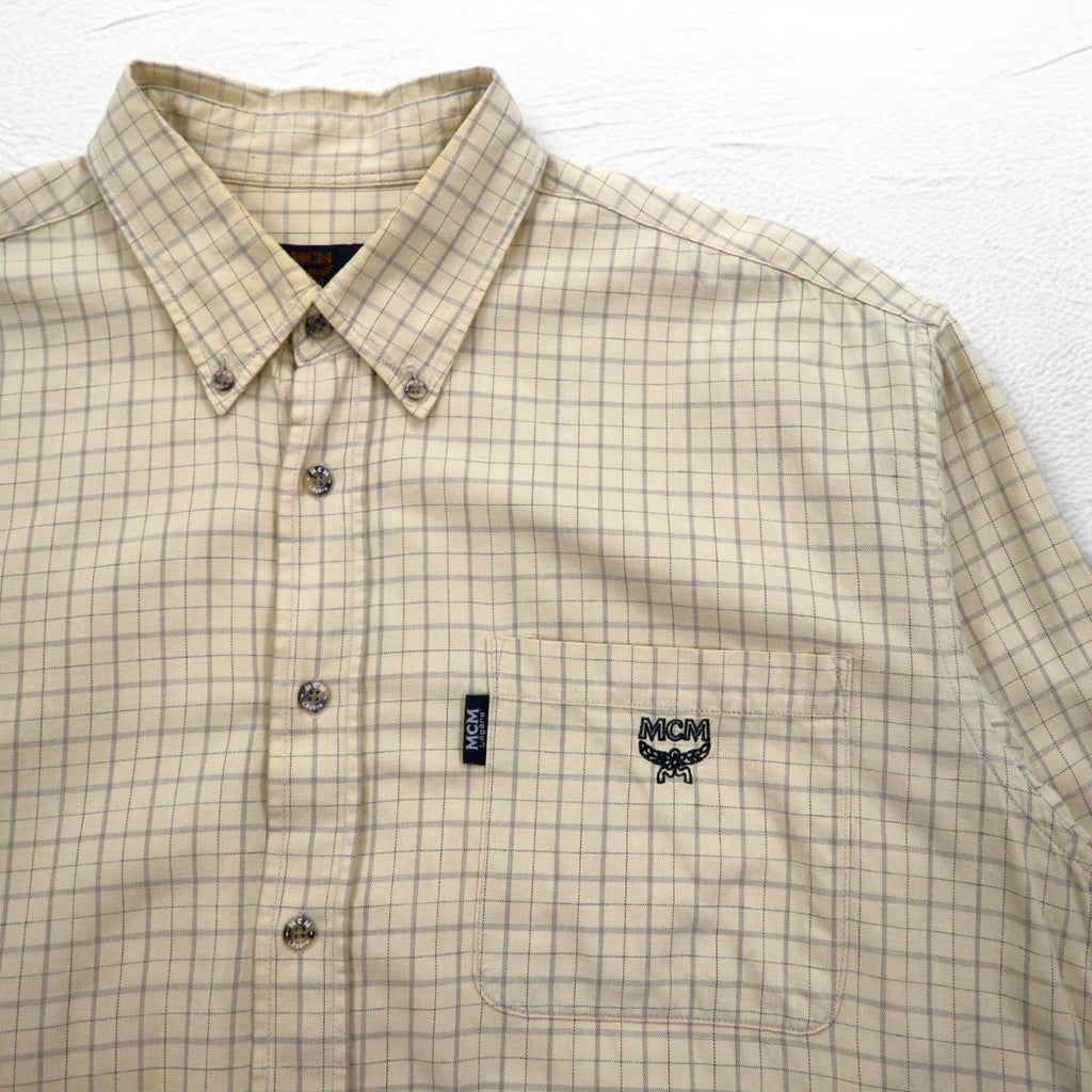 MCM Button-down shirt, XL, beige, check, cotton, chest pocket, one-point logo embroidery