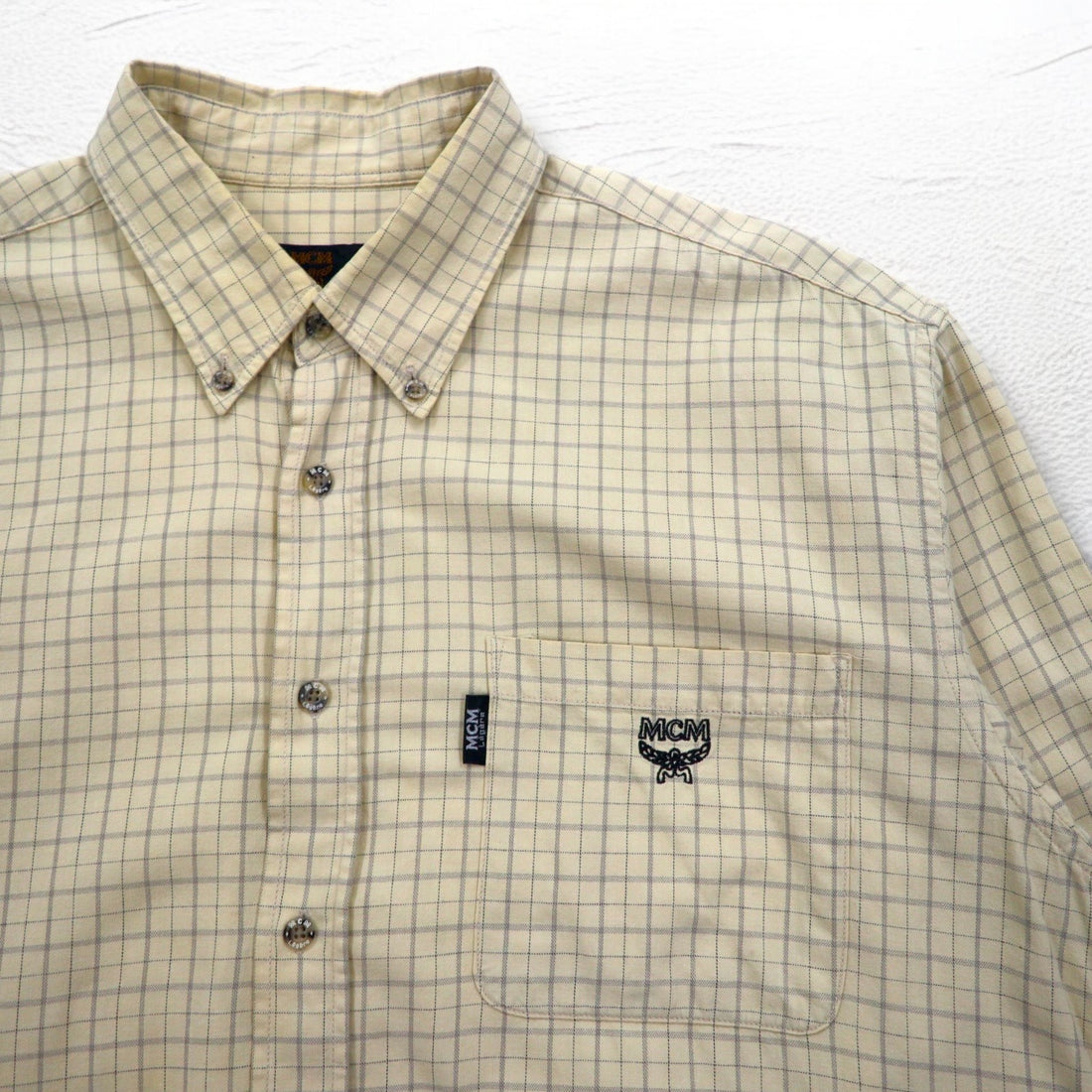 MCM Button-down shirt, XL, beige, check, cotton, chest pocket, one-point logo embroidery