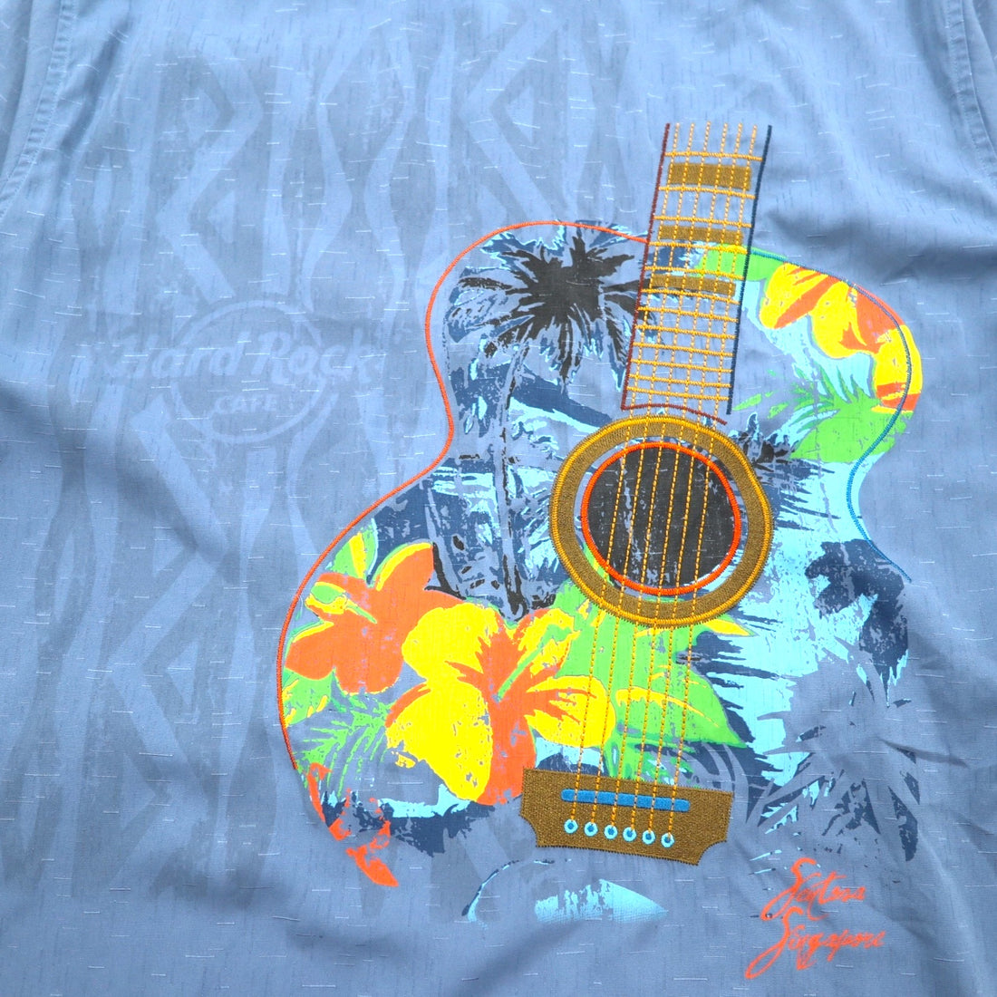 Hard Rock CAFE Short Sleeve Open Collar Shirt Aloha Shirt XL Navy Rayon Embroidery Guitar Motif Sashiko