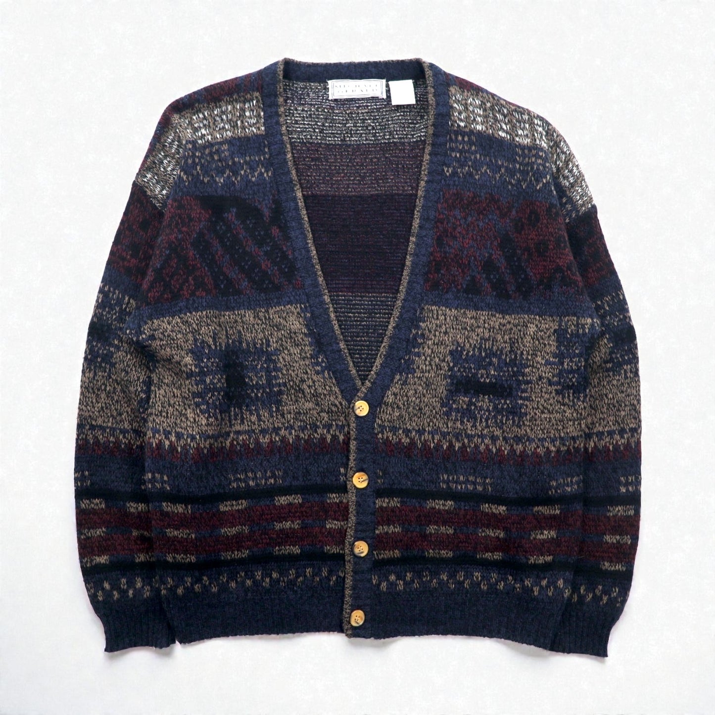 MICHAEL GERALD 90年代 総柄 ジャガードニット カーディガン L ネイビー アクリル