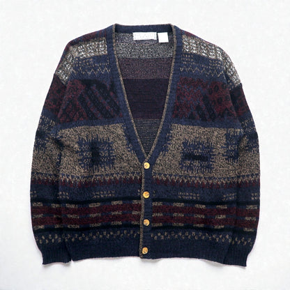 MICHAEL GERALD 90年代 総柄 ジャガードニット カーディガン L ネイビー アクリル