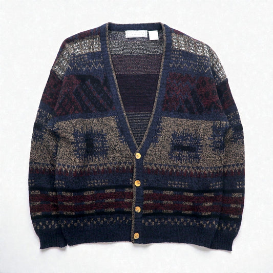 MICHAEL GERALD 90年代 総柄 ジャガードニット カーディガン L ネイビー アクリル