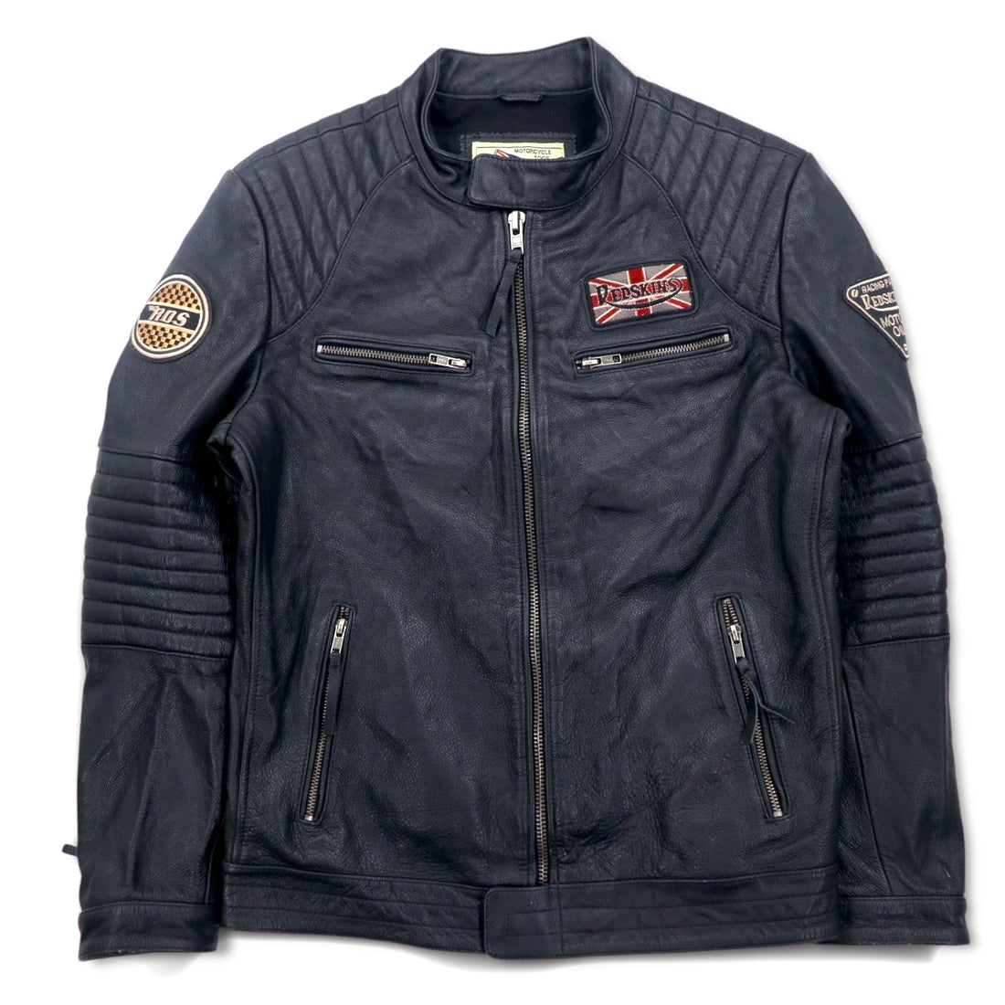 MOTORCYCLE TOGS REDSKINS シングル レザー ライダース バイカージャケット L ブラック ユニオンジャック ワッペン バックロゴ キルティング