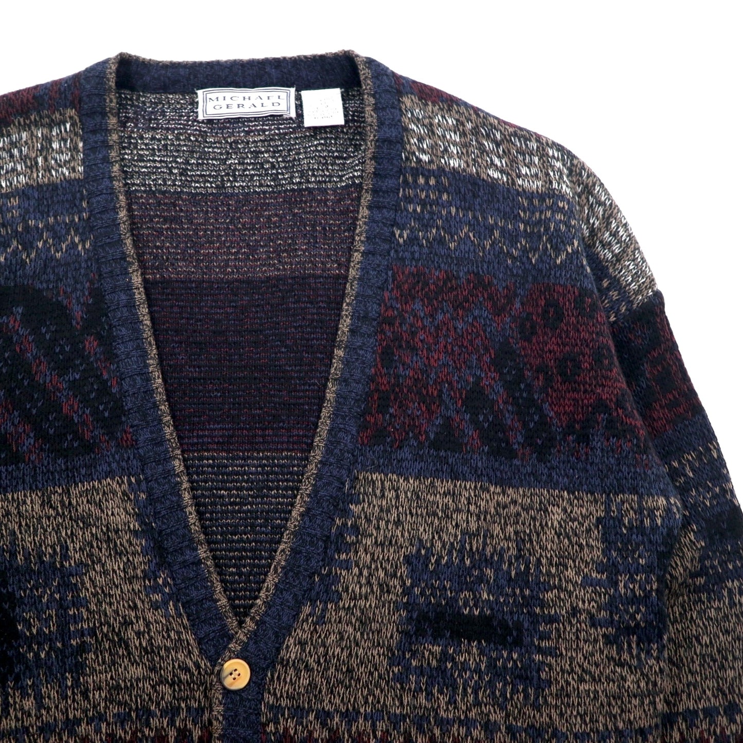 MICHAEL GERALD 90年代 総柄 ジャガードニット カーディガン L ネイビー アクリル
