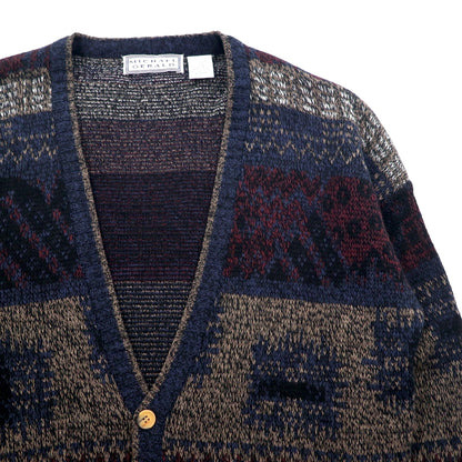 MICHAEL GERALD 90年代 総柄 ジャガードニット カーディガン L ネイビー アクリル