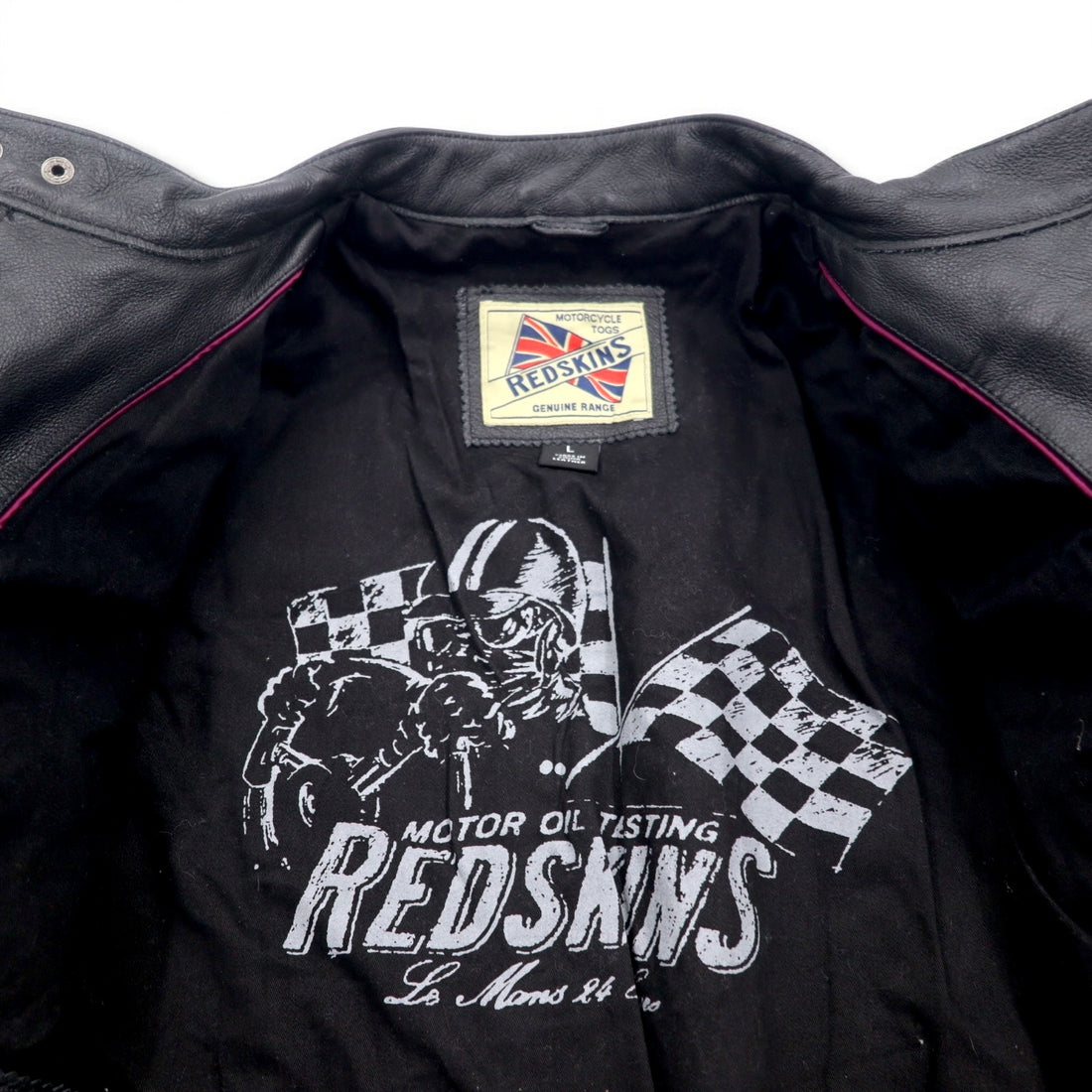 MOTORCYCLE TOGS REDSKINS Single Leather Riders Biker Jacket L Black Union Jack Patch Back Logo Quilted