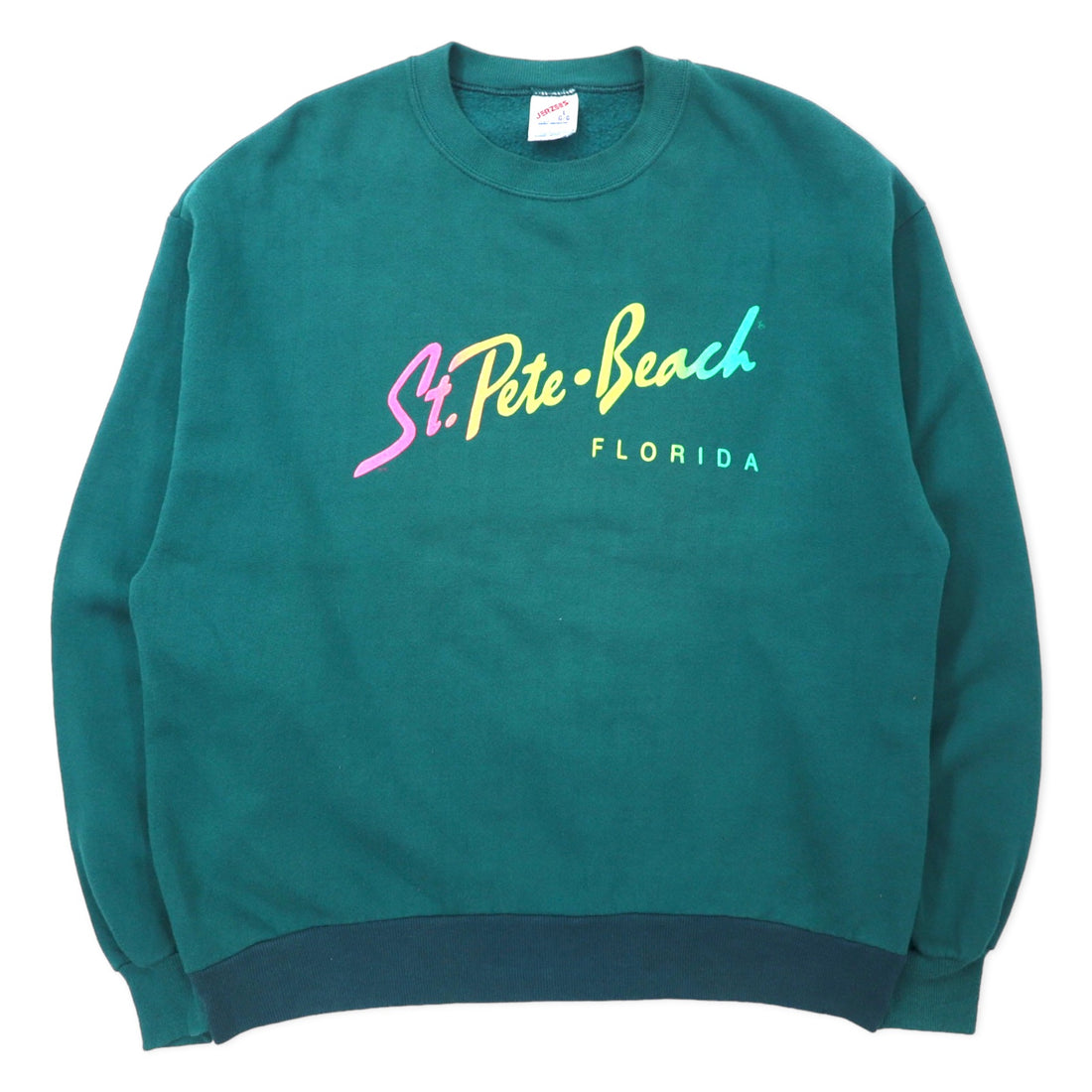日本然リトテ-古着オンライン-JERZEES USA製 90年代 プリント スウェット L グリーン コットン St. Pete Beach FLORIDA-JERZEES USA Made 90's Print Sweatshirt L Green Cotton St. Pete Beach FLORIDA