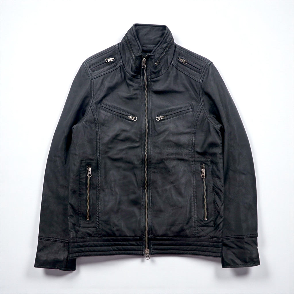 Freedom シープレザー ダブルジップ シングル ライダースジャケット S ブラック 羊革 スタンドカラー パキスタン製