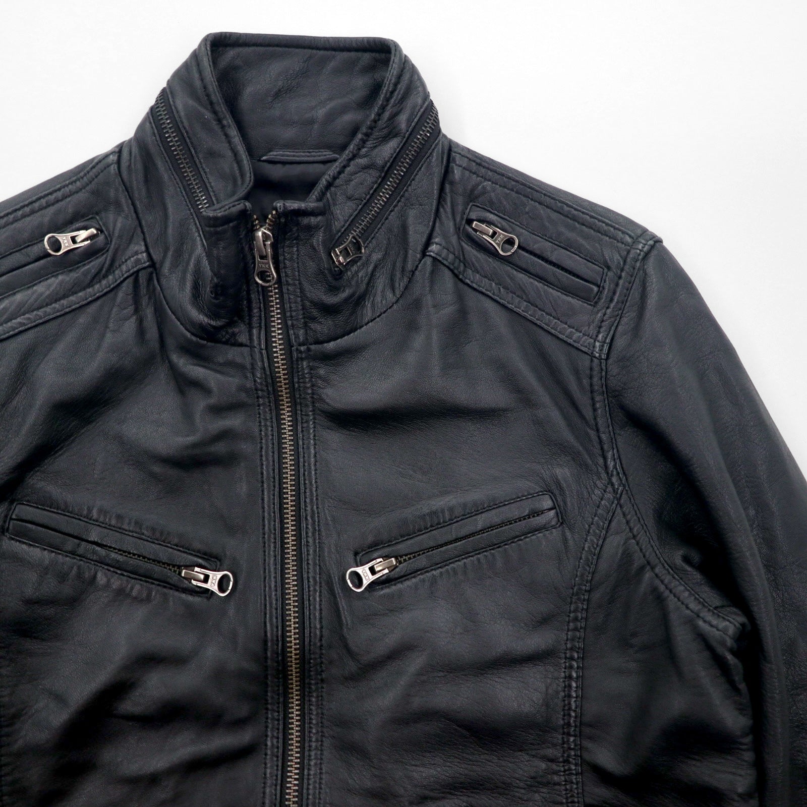 Freedom シープレザー ダブルジップ シングル ライダースジャケット S ブラック 羊革 スタンドカラー パキスタン製