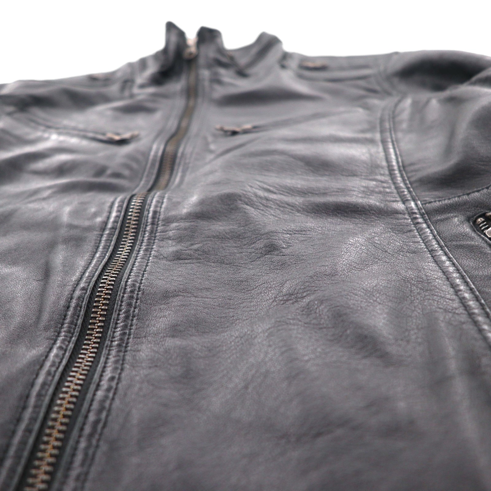 Freedom シープレザー ダブルジップ シングル ライダースジャケット S ブラック 羊革 スタンドカラー パキスタン製