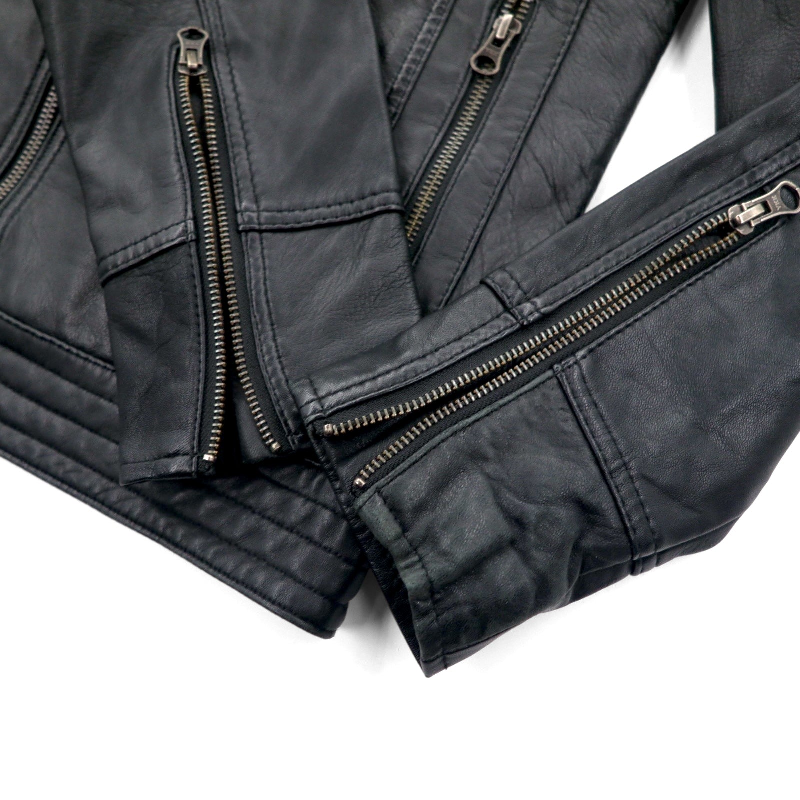 Freedom シープレザー ダブルジップ シングル ライダースジャケット S ブラック 羊革 スタンドカラー パキスタン製