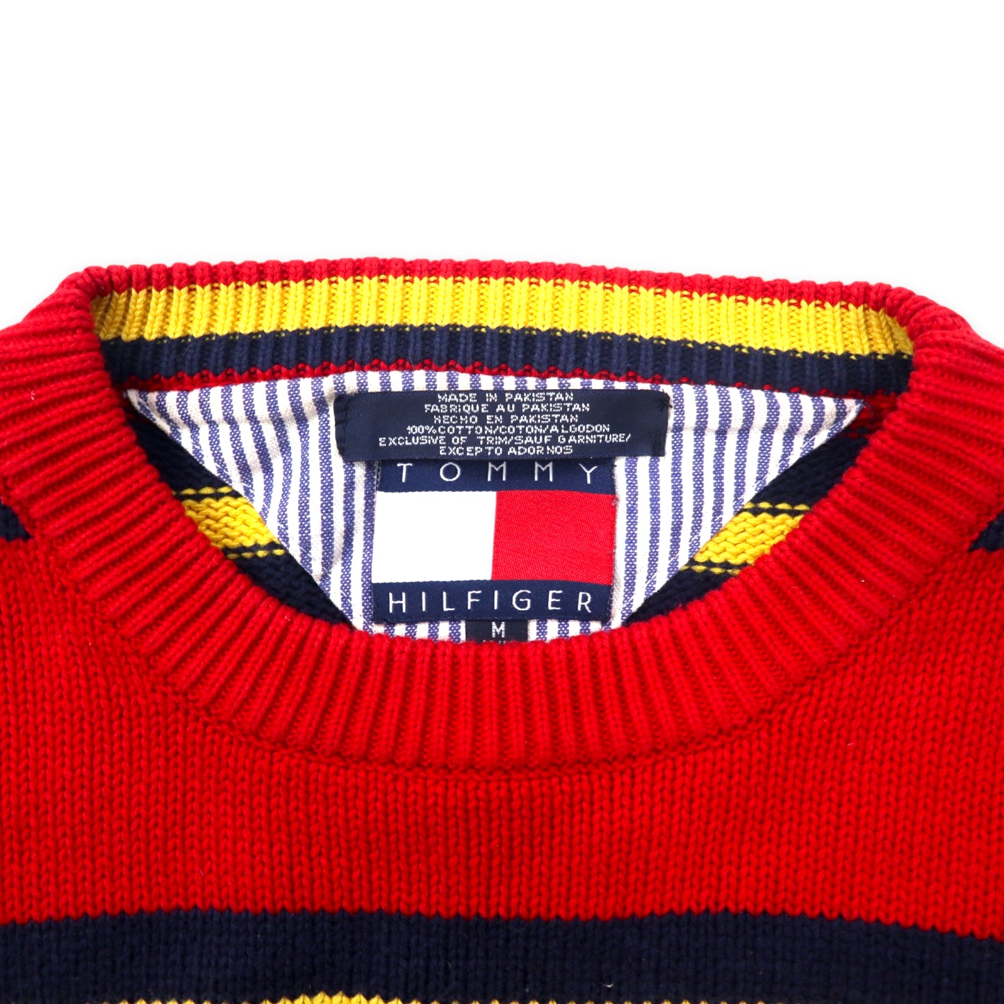 TOMMY HILFIGER 90年代 ボーダー ニット セーター M レッド コットン ワンポイントロゴ刺繍