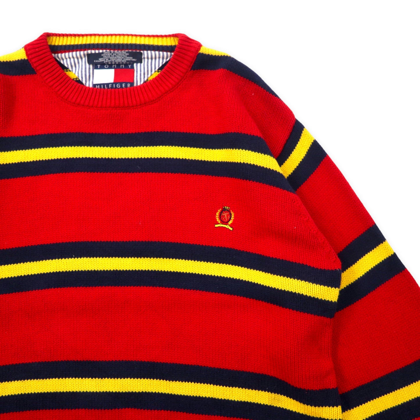 TOMMY HILFIGER 90年代 ボーダー ニット セーター M レッド コットン ワンポイントロゴ刺繍