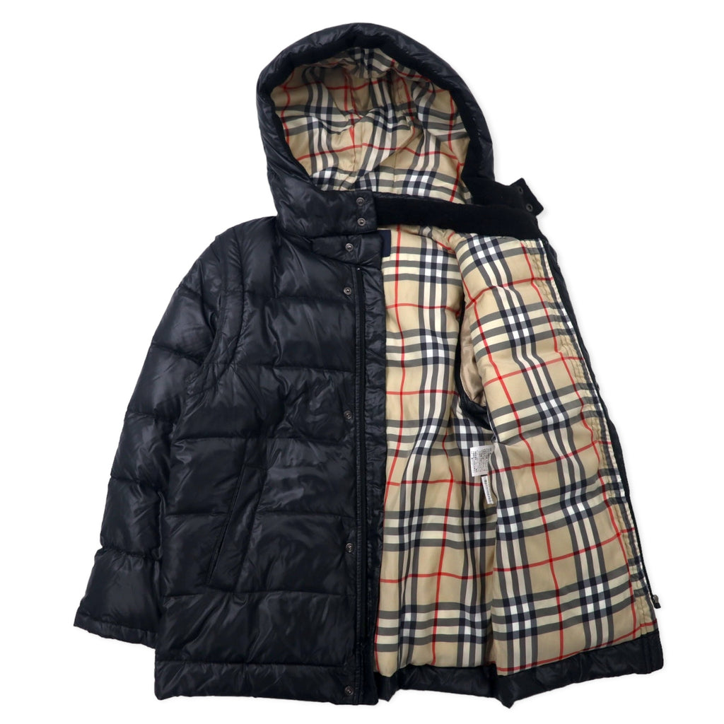 BURBERRY 2WAY Down Jacket Down Vest S Black Nylon Hood Detachable Sleeves Detachable One Point Logo Embroidery Lining Nova Check