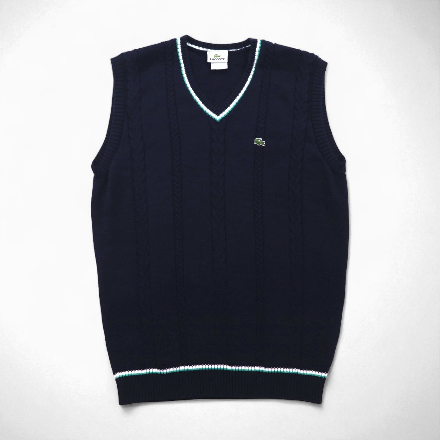 LACOSTE French-made Childen Knit V-Neck Vest, Size L, Navy, Cable Knit, Ivy