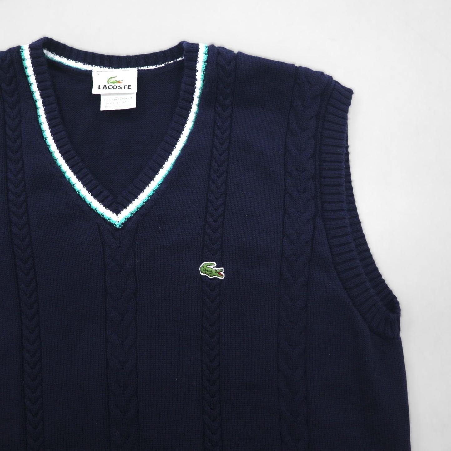 LACOSTE French-made Childen Knit V-Neck Vest, Size L, Navy, Cable Knit, Ivy