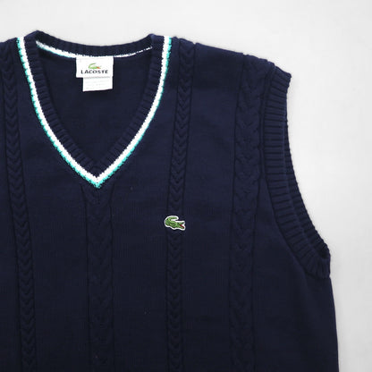 LACOSTE French-made Childen Knit V-Neck Vest, Size L, Navy, Cable Knit, Ivy