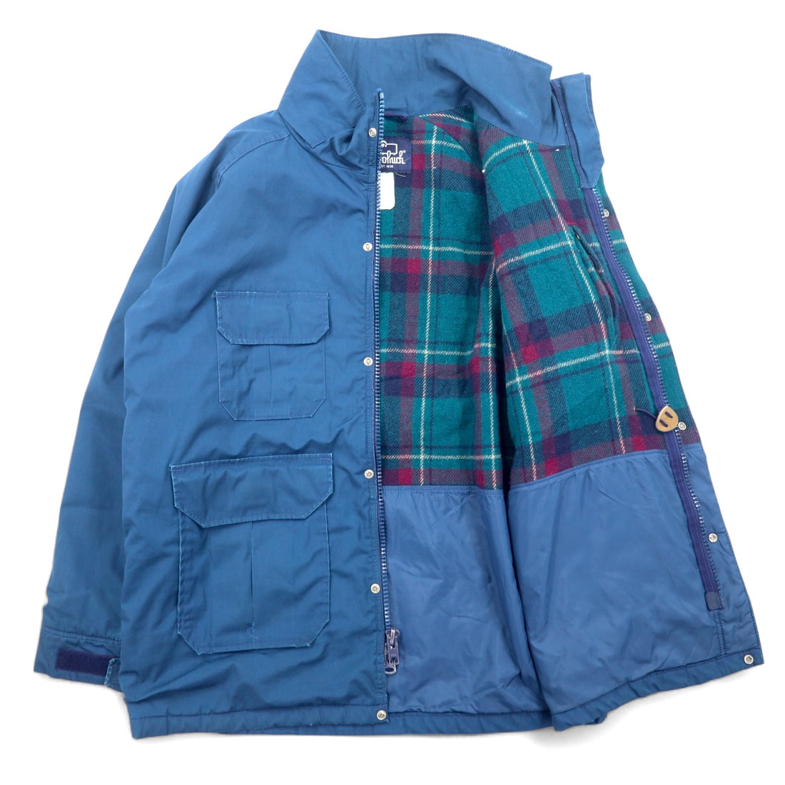 Woolrich 80s USA made insulation jacket L nylon blue double zip lining check padding drawcord
