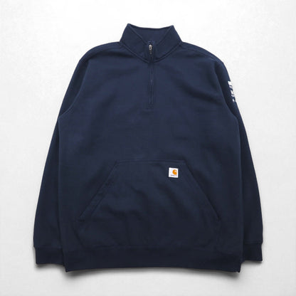 carhartt ハーフジップ スウェット トレーナー XL ネイビー Loose Fit Midweight フロントポケット Quarter-Zip Mock-Neck Sweatshirt 105294 US企業 刺繍
