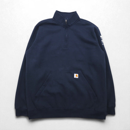carhartt ハーフジップ スウェット トレーナー XL ネイビー Loose Fit Midweight フロントポケット Quarter-Zip Mock-Neck Sweatshirt 105294 US企業 刺繍