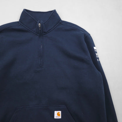 carhartt ハーフジップ スウェット トレーナー XL ネイビー Loose Fit Midweight フロントポケット Quarter-Zip Mock-Neck Sweatshirt 105294 US企業 刺繍