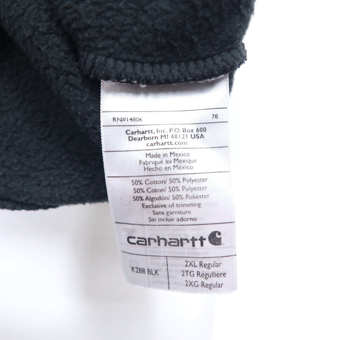 Carhartt ORIGINAL FIT pullover hoodie 2XL black cotton fleece lining sleeve logo MIDWEIGHT HOODED LOGO SWEATSHIRT K288 Made in Mexico