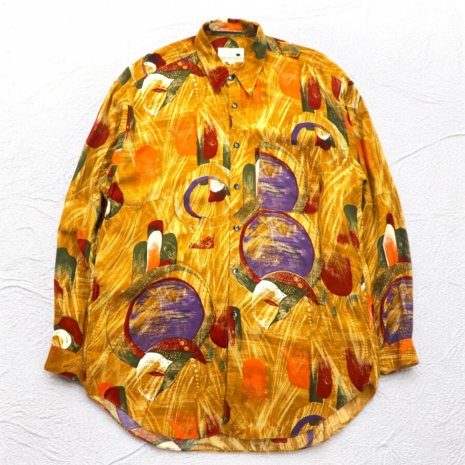TRUSSARDI 90年代 オールド 総柄 レトロシャツ XL オレンジ レーヨン ビッグサイズ 日本製