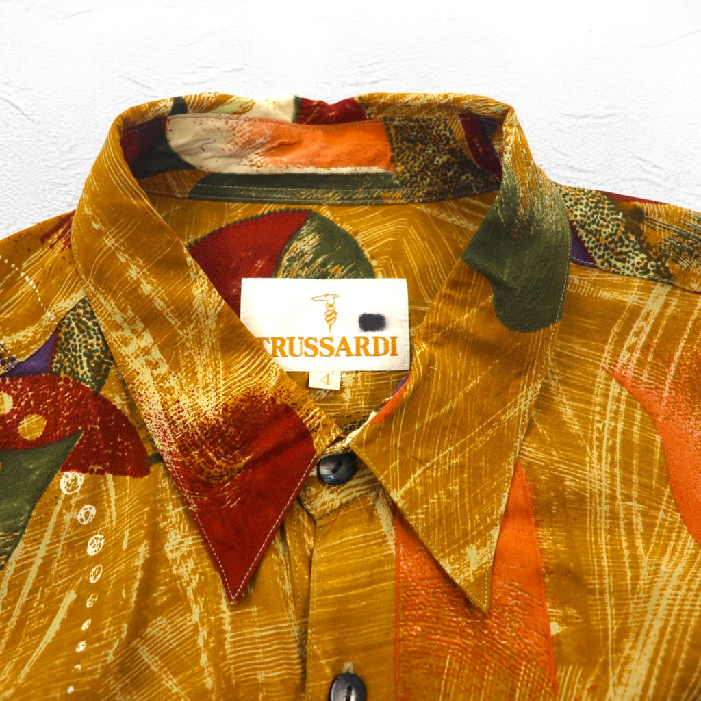TRUSSARDI 90年代 オールド 総柄 レトロシャツ XL オレンジ レーヨン ビッグサイズ 日本製