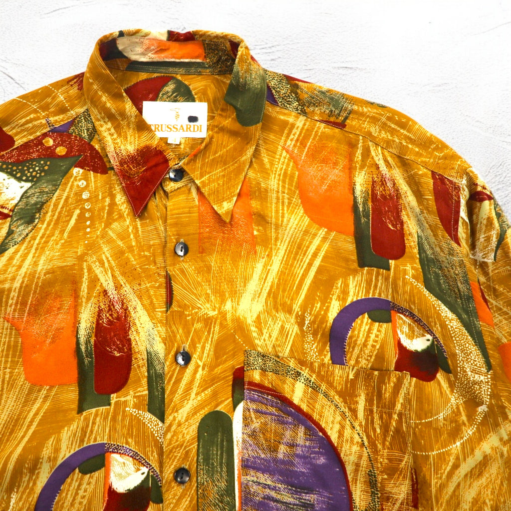 TRUSSARDI 90年代 オールド 総柄 レトロシャツ XL オレンジ レーヨン ビッグサイズ 日本製