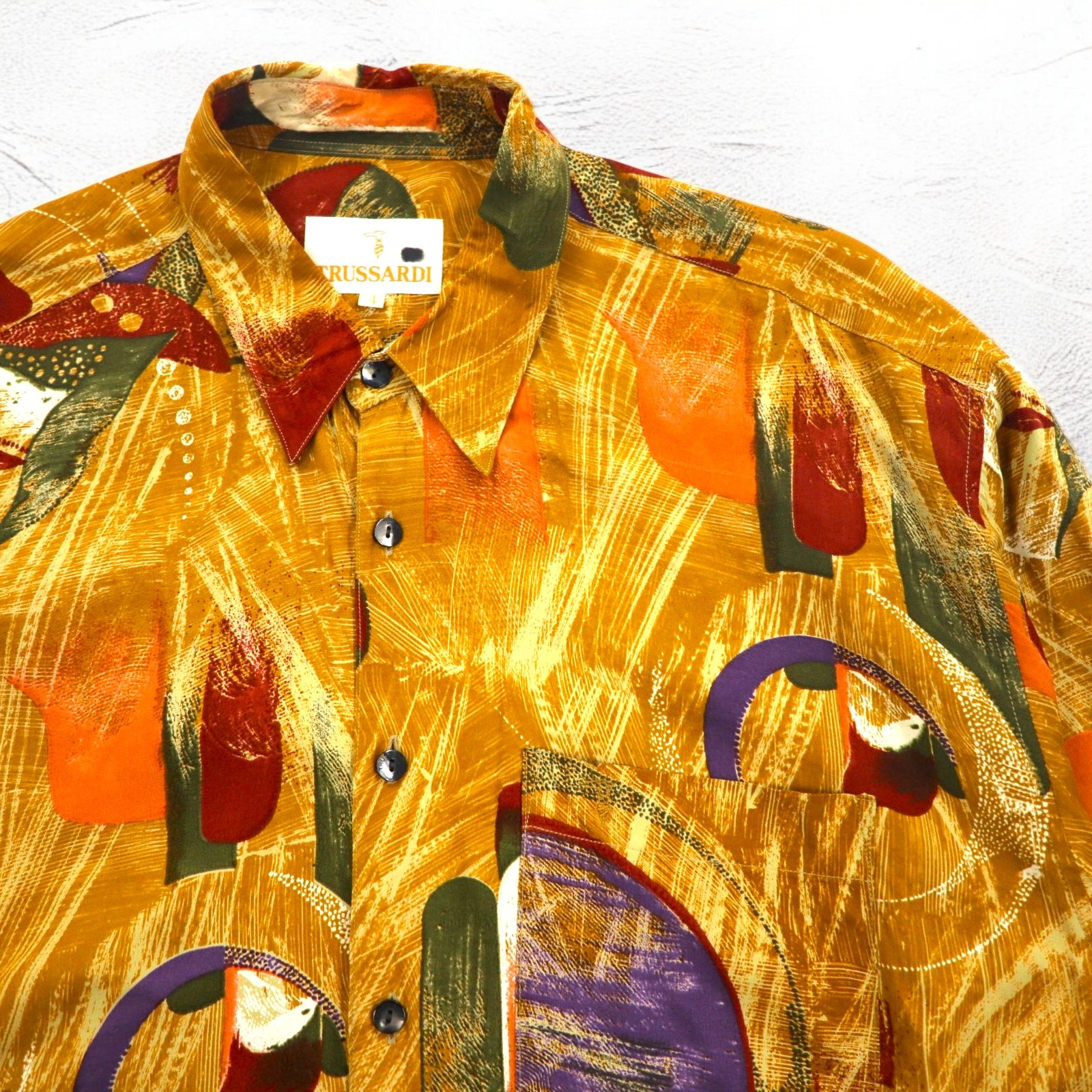 TRUSSARDI 90年代 オールド 総柄 レトロシャツ XL オレンジ レーヨン ビッグサイズ 日本製