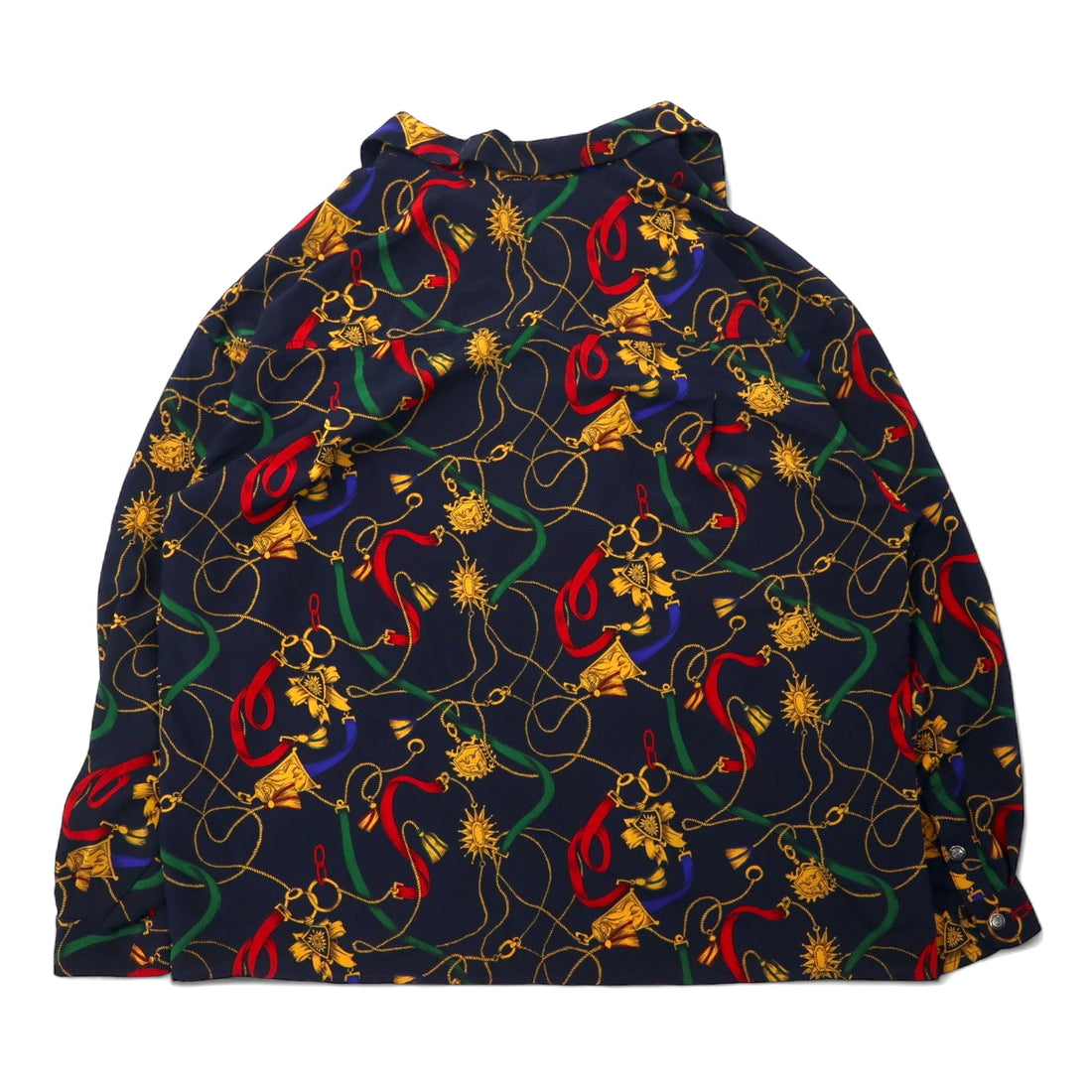 80s CHAUS WOMAN Retro Open Collar Shirt Blouse 18W Navy Polyester All-over Pattern