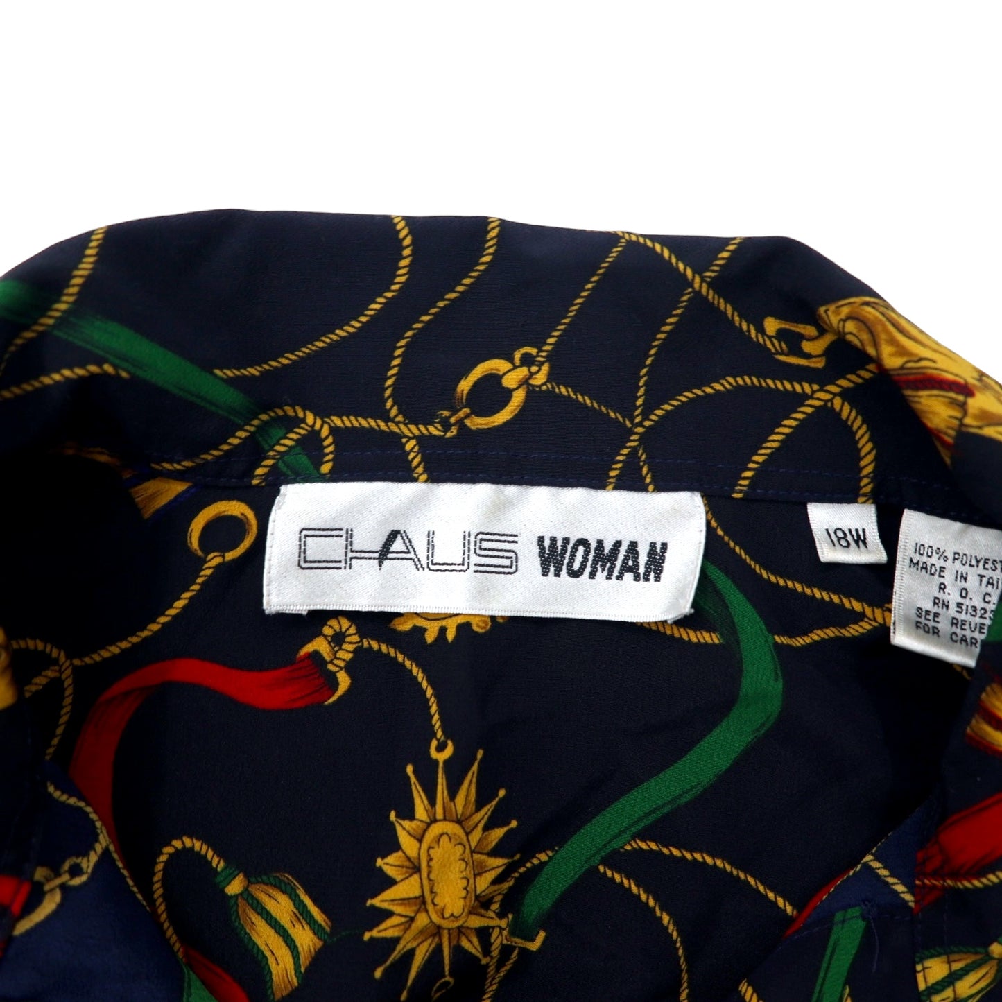 80年代 CHAUS WOMAN レトロ オープンカラー シャツ ブラウス 18W ネイビー ポリエステル 総柄