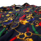 80s CHAUS WOMAN Retro Open Collar Shirt Blouse 18W Navy Polyester All-over Pattern