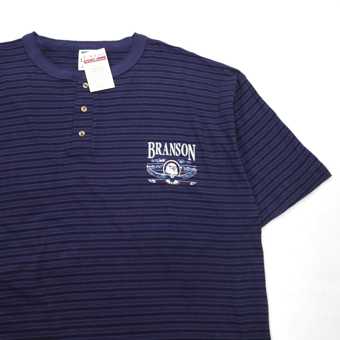 USA製 90年代 COTTON DELUXE シングルステッチ ヘンリーネック Tシャツ 2XL ネイビー ボーダー BRANSON 未使用品