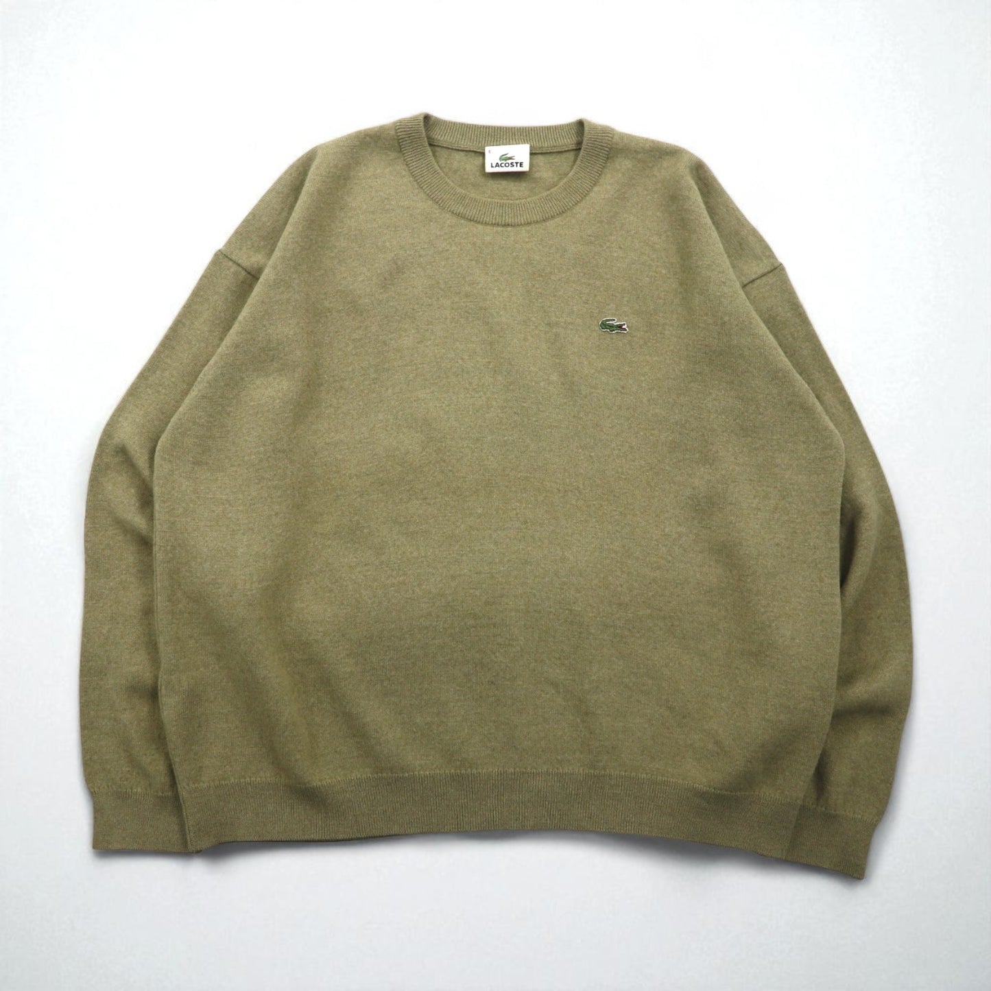 LACOSTE クルーネック セーター ニット L ベージュ ウール ワンポイントロゴ