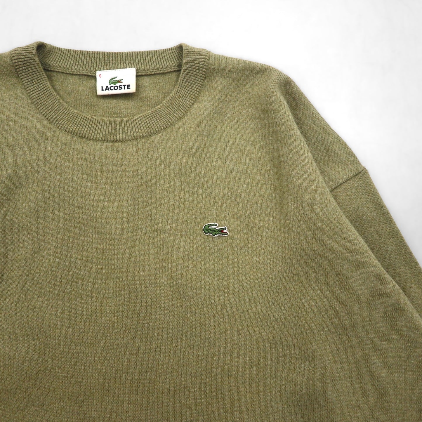 LACOSTE クルーネック セーター ニット L ベージュ ウール ワンポイントロゴ