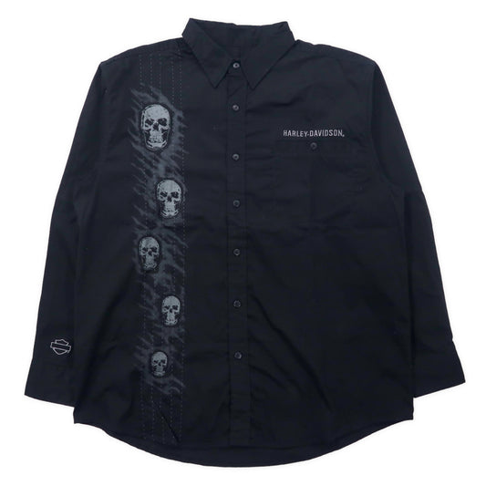 日本然リトテ-古着オンライン-HARLEY DAVIDSON スカルプリント シャツ XL ブラック コットン ロゴ刺繍 刺子 ビッグサイズ-Harley Davidson Skull Print Shirt XL Black Cotton Logo Embroidery Sashiko Big Size