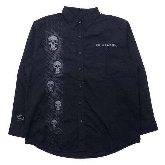 HARLEY DAVIDSON スカルプリント シャツ XL ブラック コットン ロゴ刺繍 刺子 ビッグサイズ
