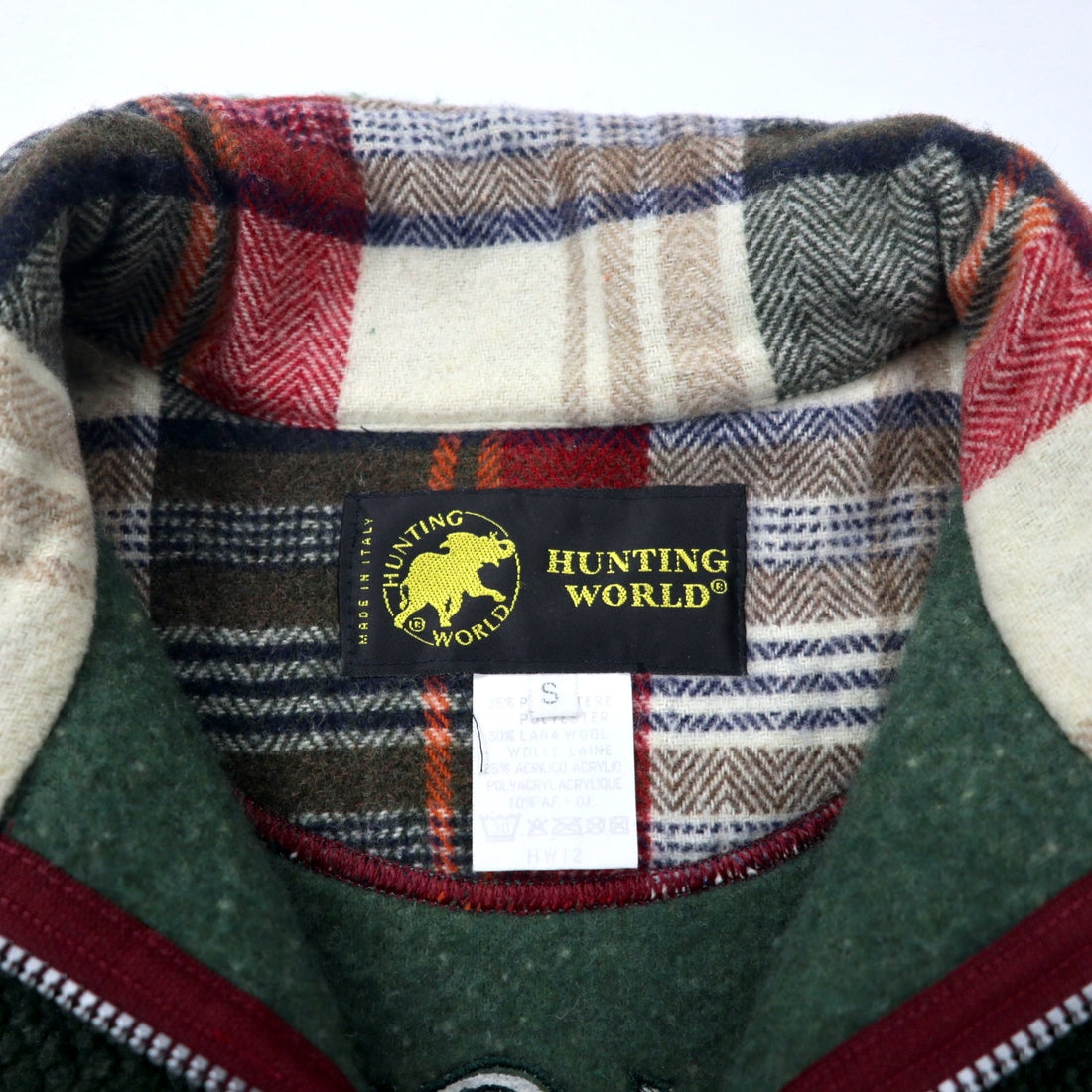HUNTING WORLD Made in Italy Half Zip Boa Fleece Jacket S Khaki Polyester Back Logo Embroidery