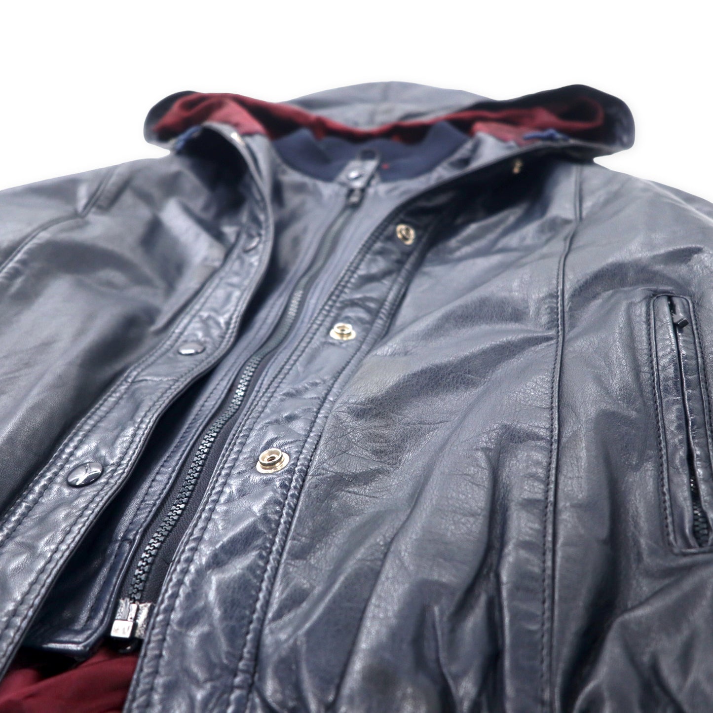 Layered Design Leather Jacket レイヤード デザイン レザージャケット フーディー L ネイビー 牛革 Takashimaya