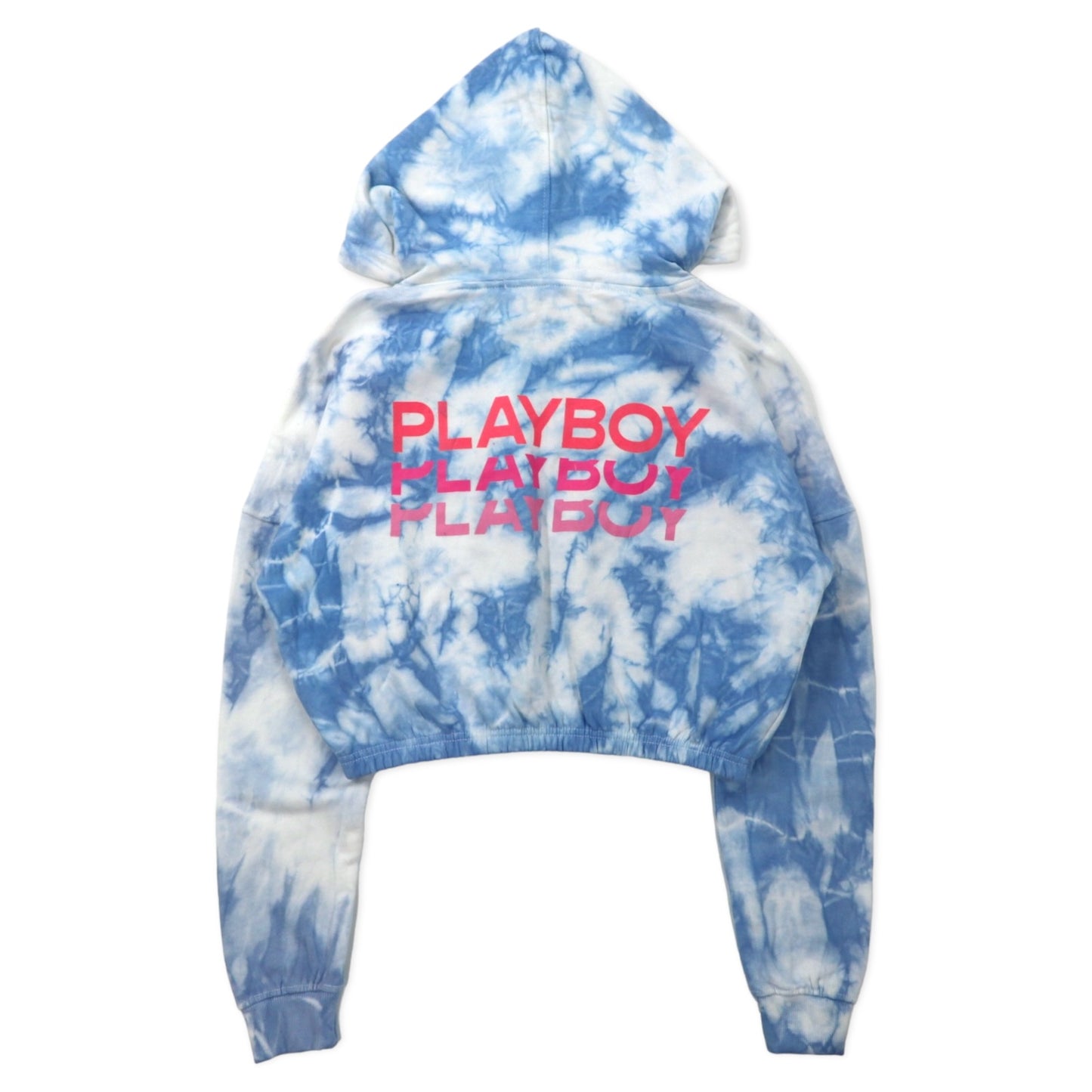 PLAYBOY × MISSGUIDED タイダイ ハーフジップ パーカー クロップド丈 4 ブルー ホワイト コットン バックロゴプリント TIE DYE ZIP THROUGH CROP HOODY 未使用品