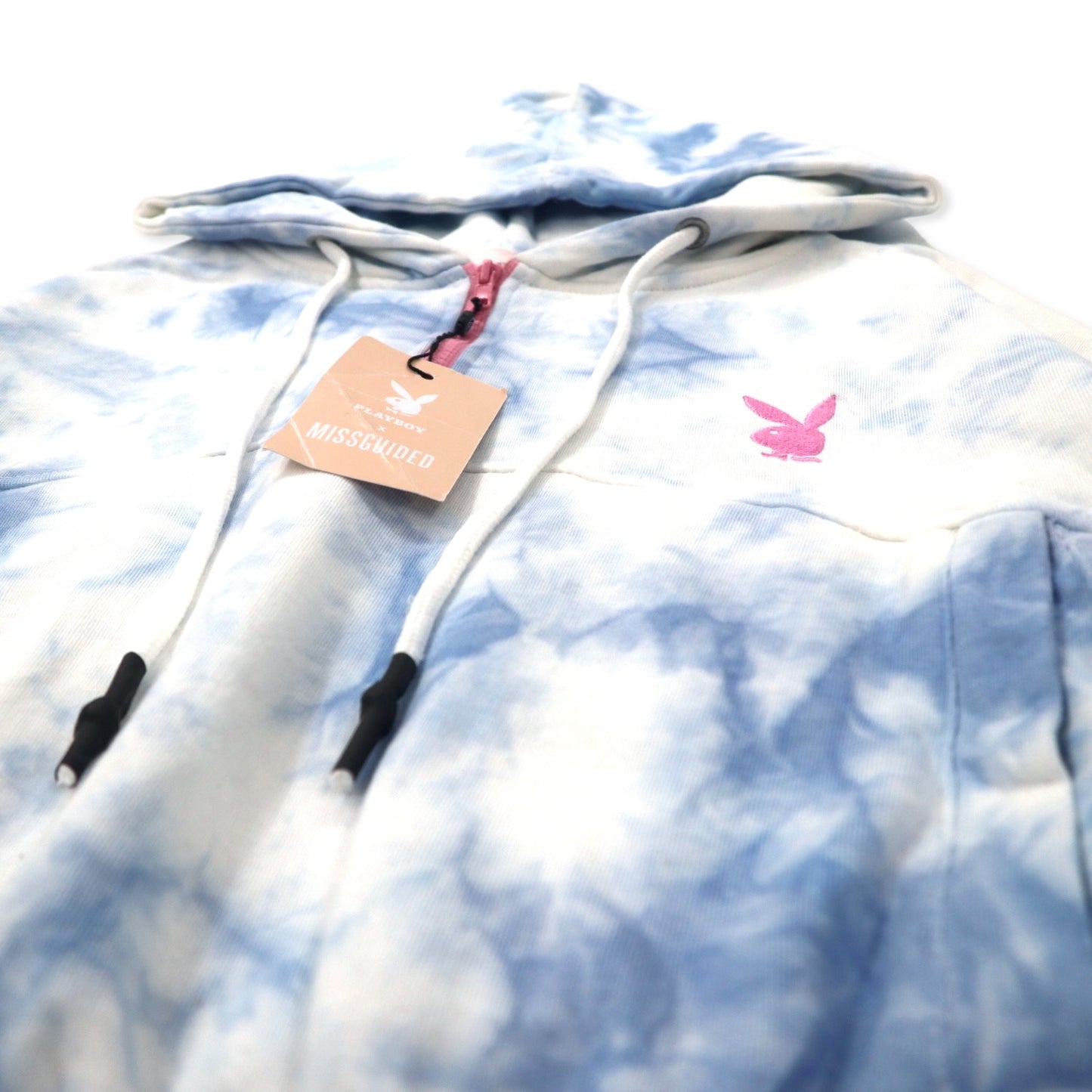 PLAYBOY × MISSGUIDED タイダイ ハーフジップ パーカー クロップド丈 4 ブルー ホワイト コットン バックロゴプリント TIE DYE ZIP THROUGH CROP HOODY 未使用品