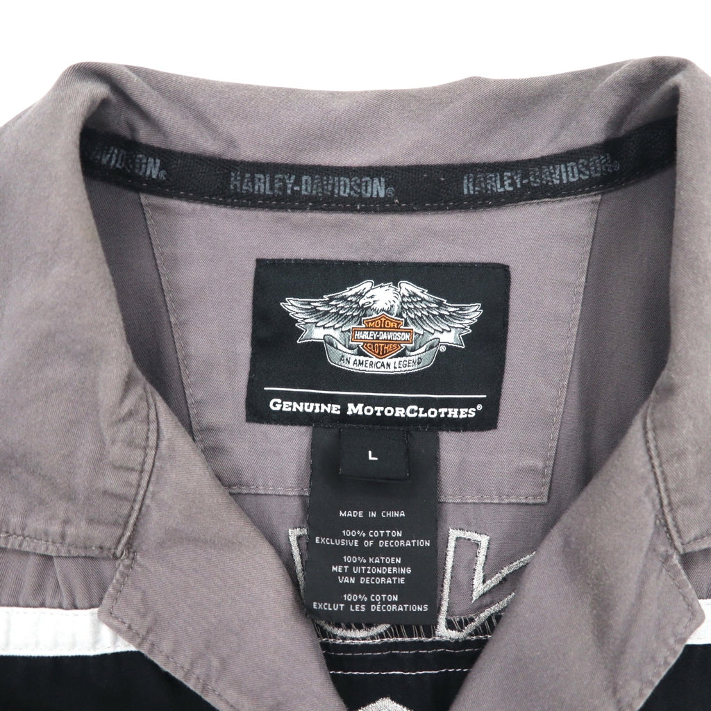 HARLEY DAVIDSON 半袖 ワークシャツ L グレー ブラック バックロゴ刺繍