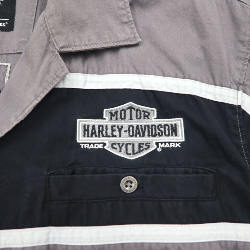 HARLEY DAVIDSON 半袖 ワークシャツ L グレー ブラック バックロゴ刺繍