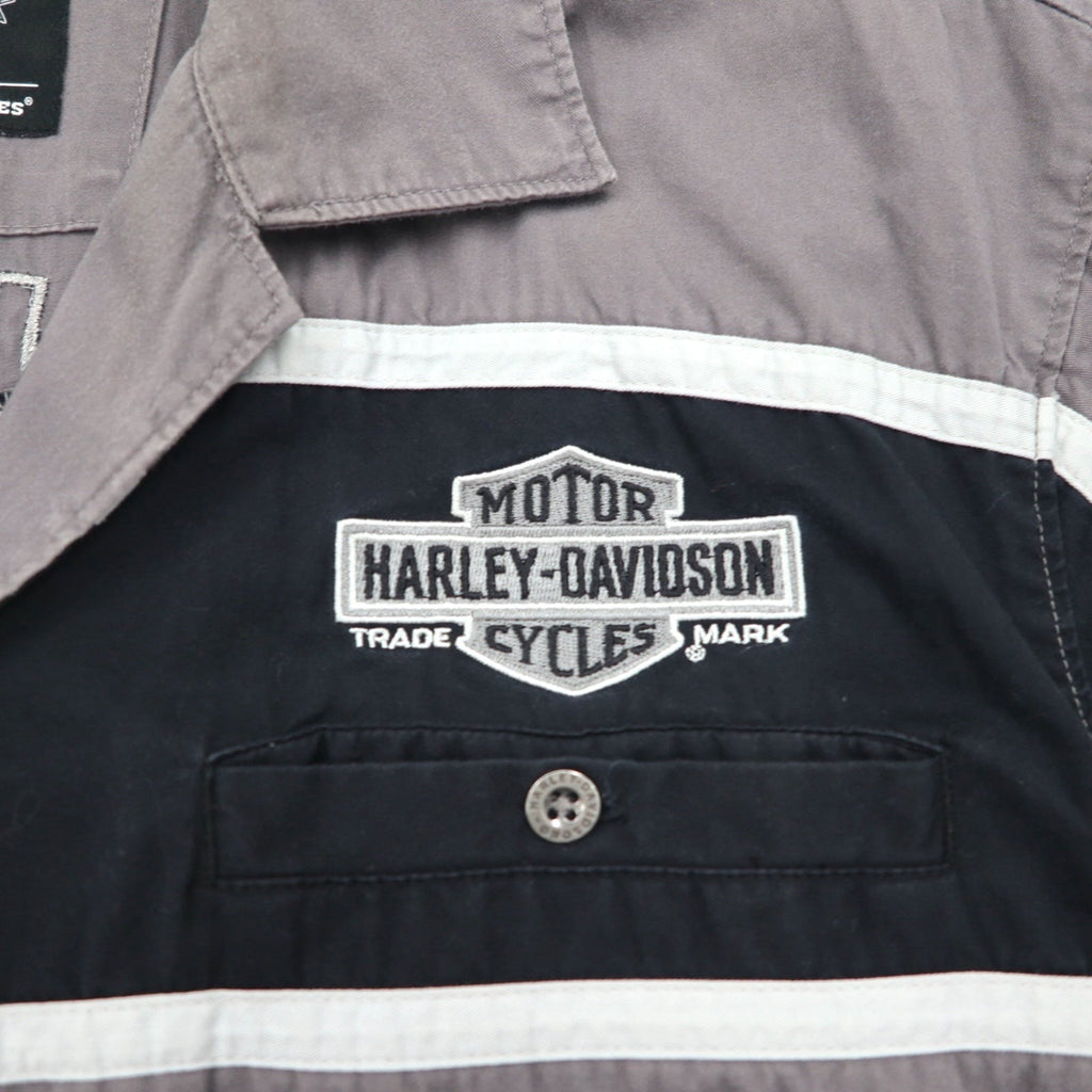 HARLEY DAVIDSON 半袖 ワークシャツ L グレー ブラック バックロゴ刺繍