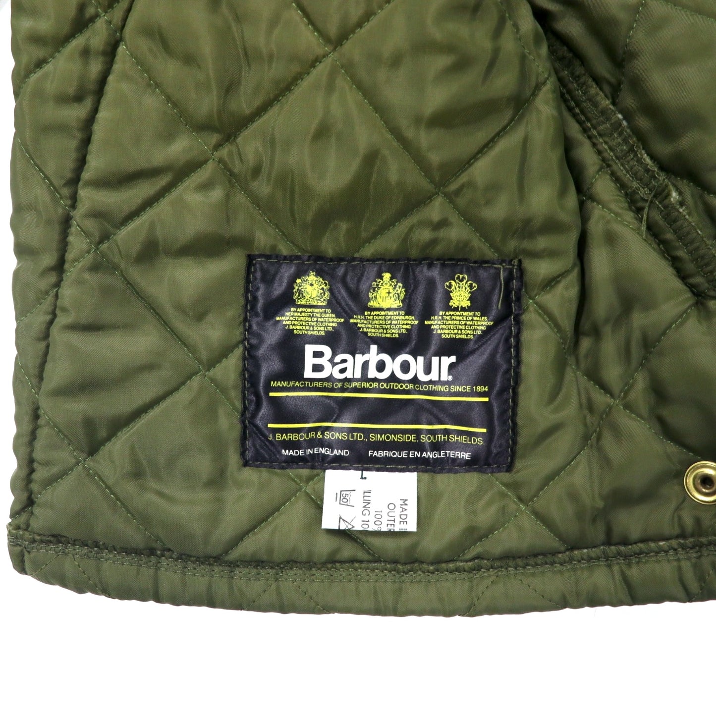 Barbour イングランド製 キルティングジャケット L カーキ ナイロン 襟コーデュロイ