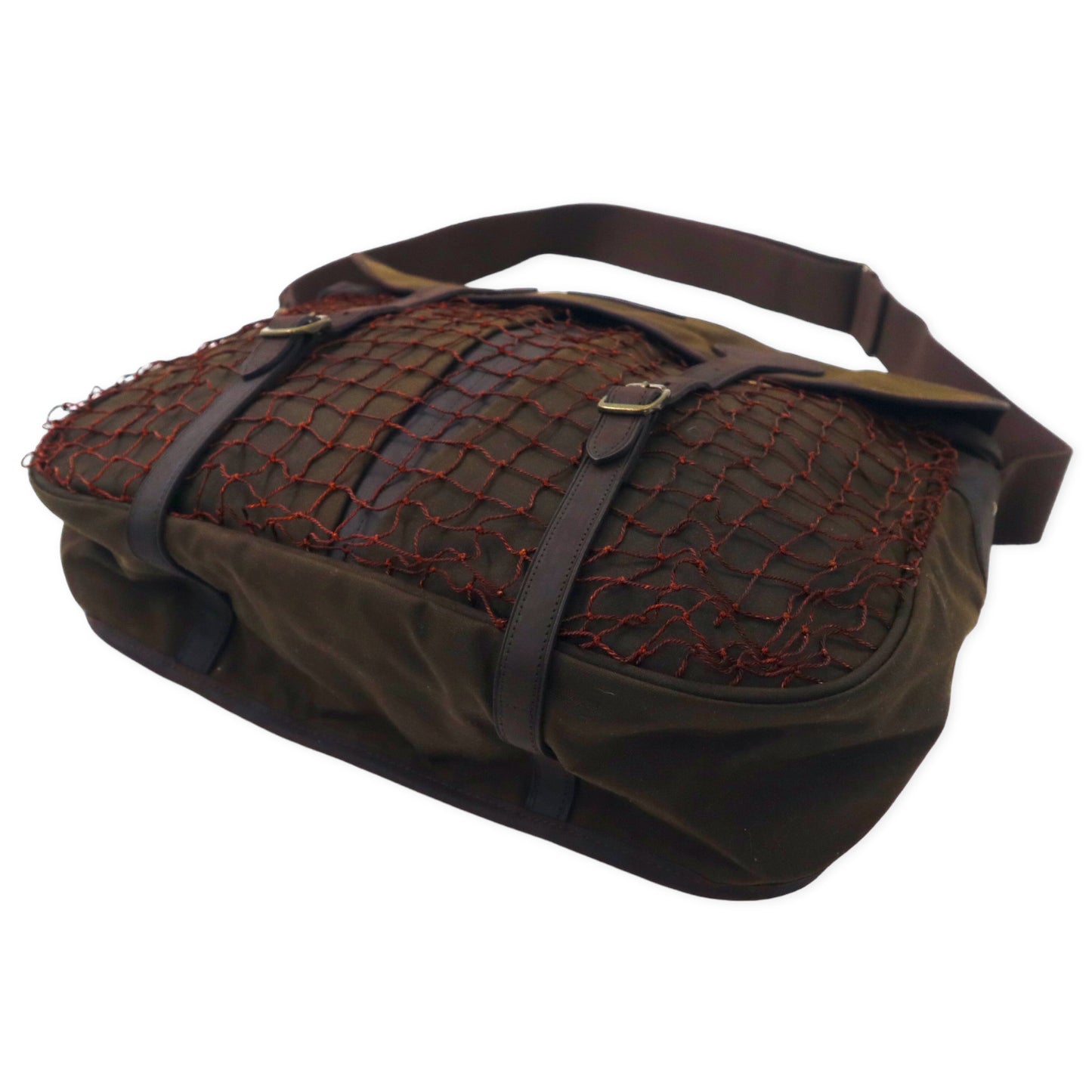 BARBOUR Fishing Bag Oiled Shoulder Bag Brown Cotton Leather Net 